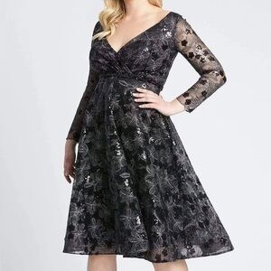 MAC DUGGAL Dress NWT Evening Gown Black Midi Silver Floral NEW Illusion